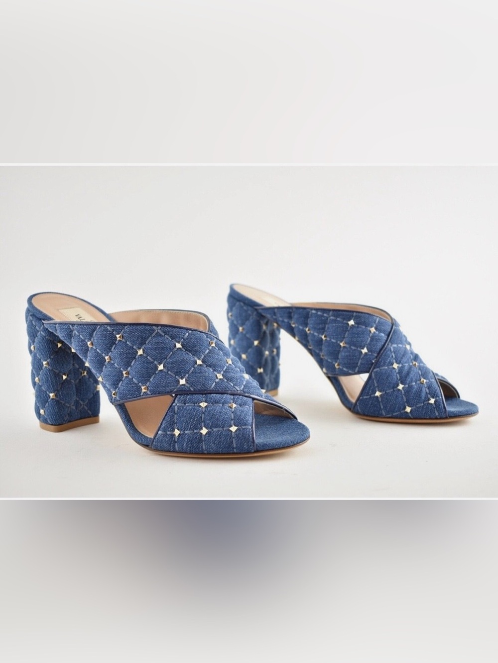 Valentino Garavani Quilted Denim Crossband Studded Block Heel Mules -LIKE NEW